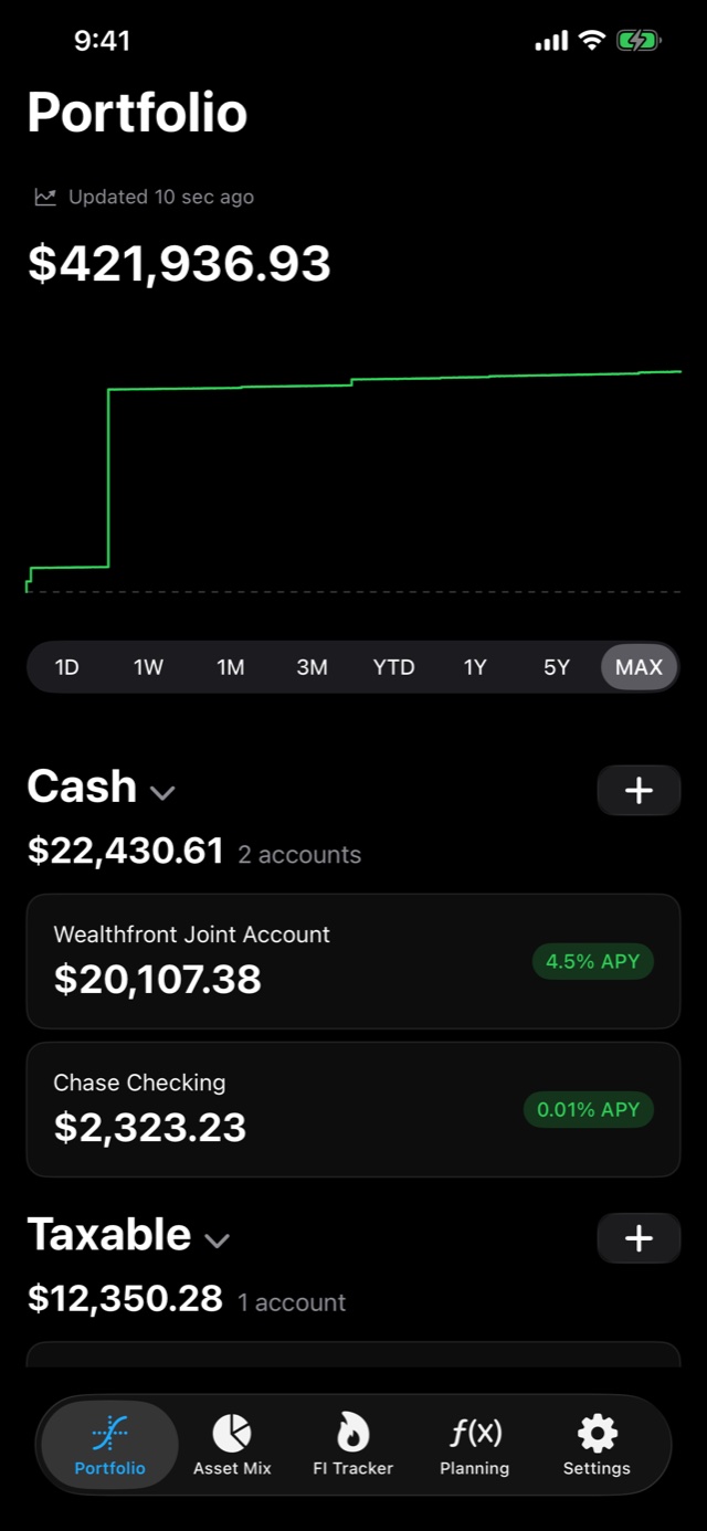 Azimuth Finance portfolio screen: a total of $421,936.93 above a line chart with time ranges from one day to max, followed by cash accounts with their balances and APY.