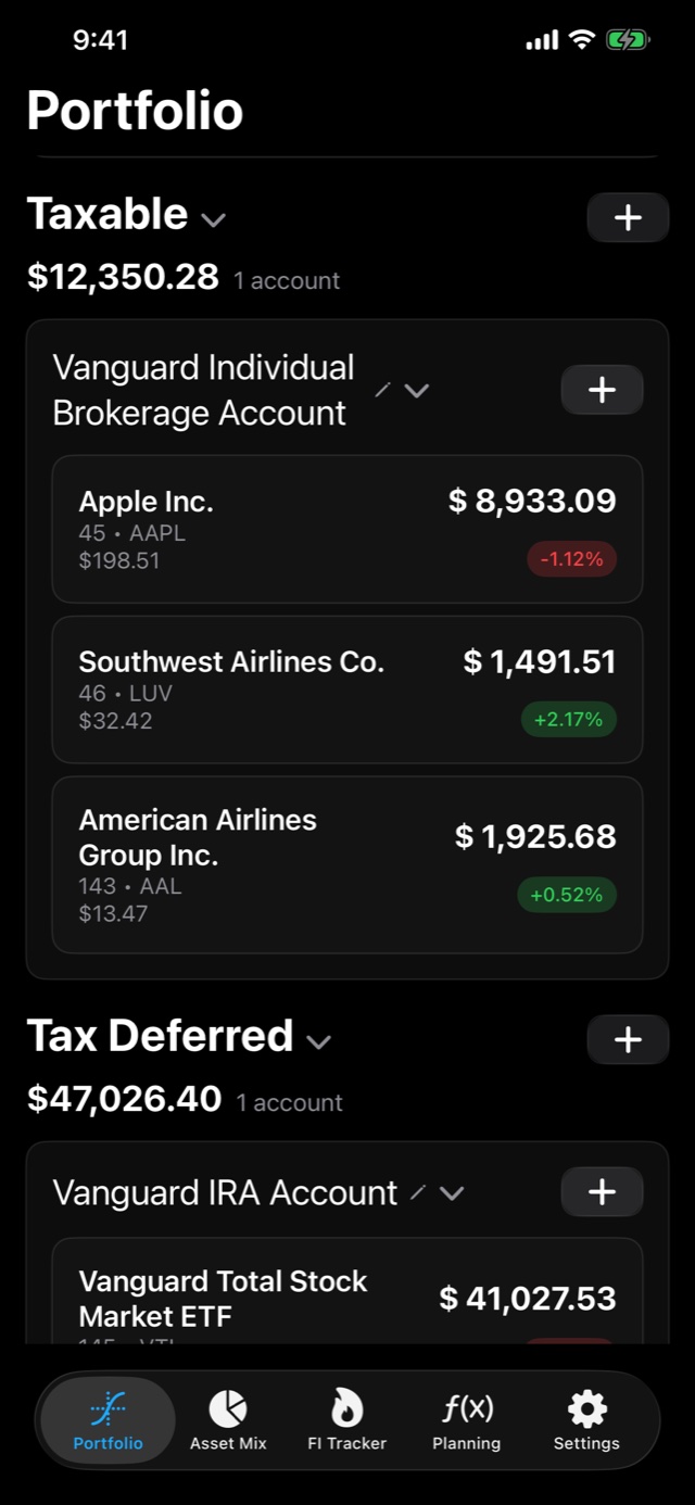 Azimuth Finance holdings grouped by account type: a taxable brokerage account listing each stock with its share count, price, value, and daily change, then a tax-deferred IRA.
