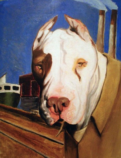 Painting of Bruiser, a white pit bull with a brown eye patch, resting its head on a wooden ledge in front of a ship and factory smokestacks under a blue sky.